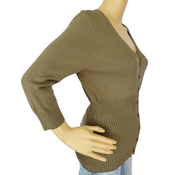 2/$15 Gap V-Neck Sweater Olive Green Button Front Knit 3/4 Sleeve Size S - Picture 3 of 8